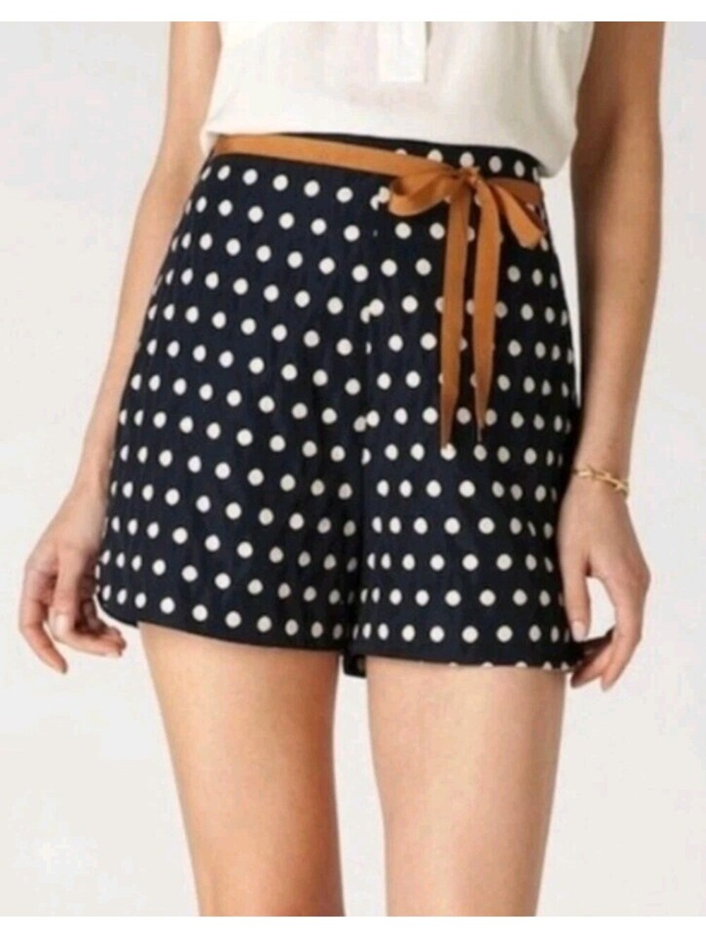 Anthropologie Corey Lynn Calter Size 2 Blue White Polka Dot Shorts Brown Ribbon